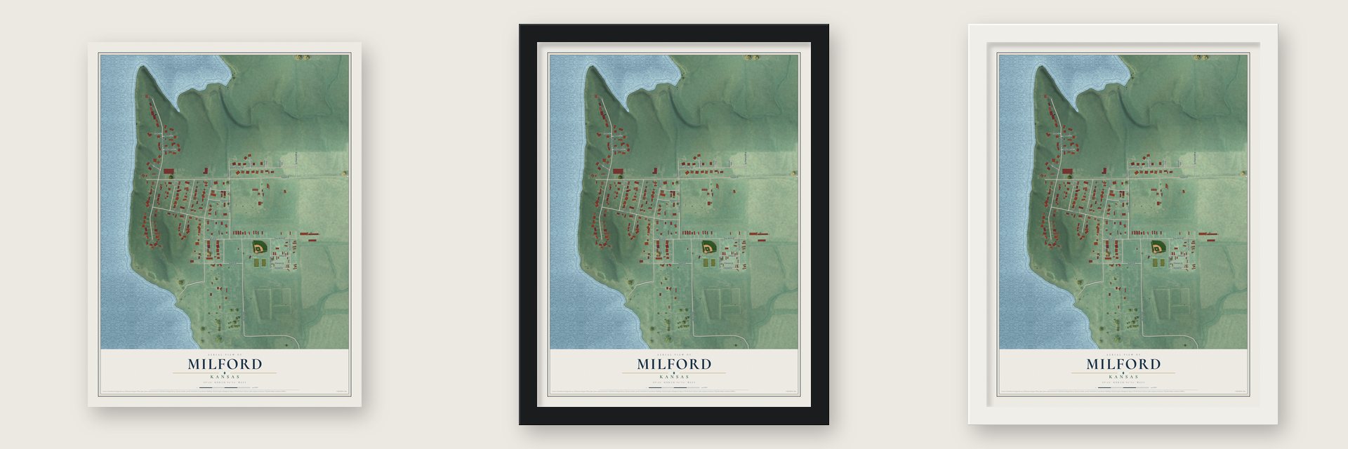 Milford, Kansas map unframed, in a black wood frame and in a white wood frame