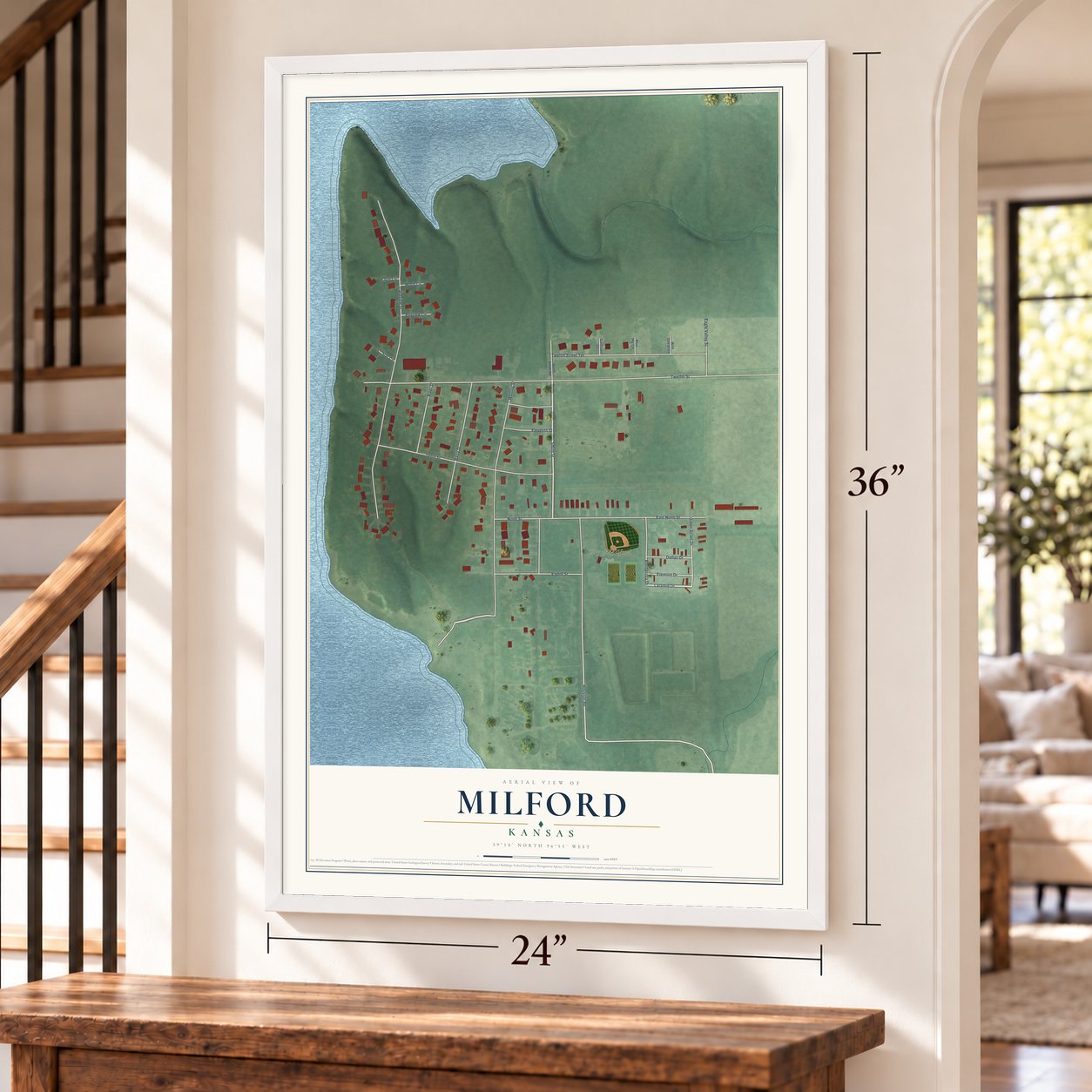 Milford, Kansas map, 24 x 36 inch print in a white frame by a staircase