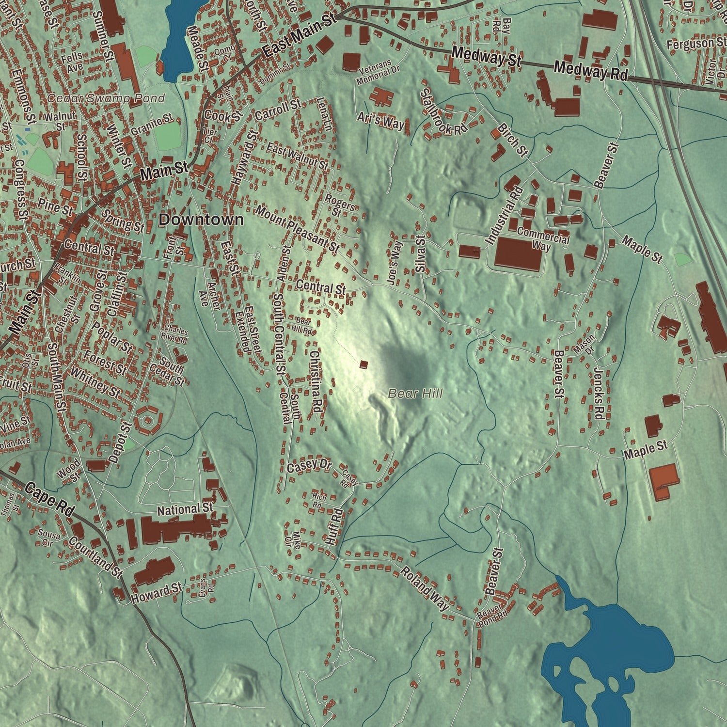 Close-up of the map of Milford, Massachusetts print showing terrain and local geography