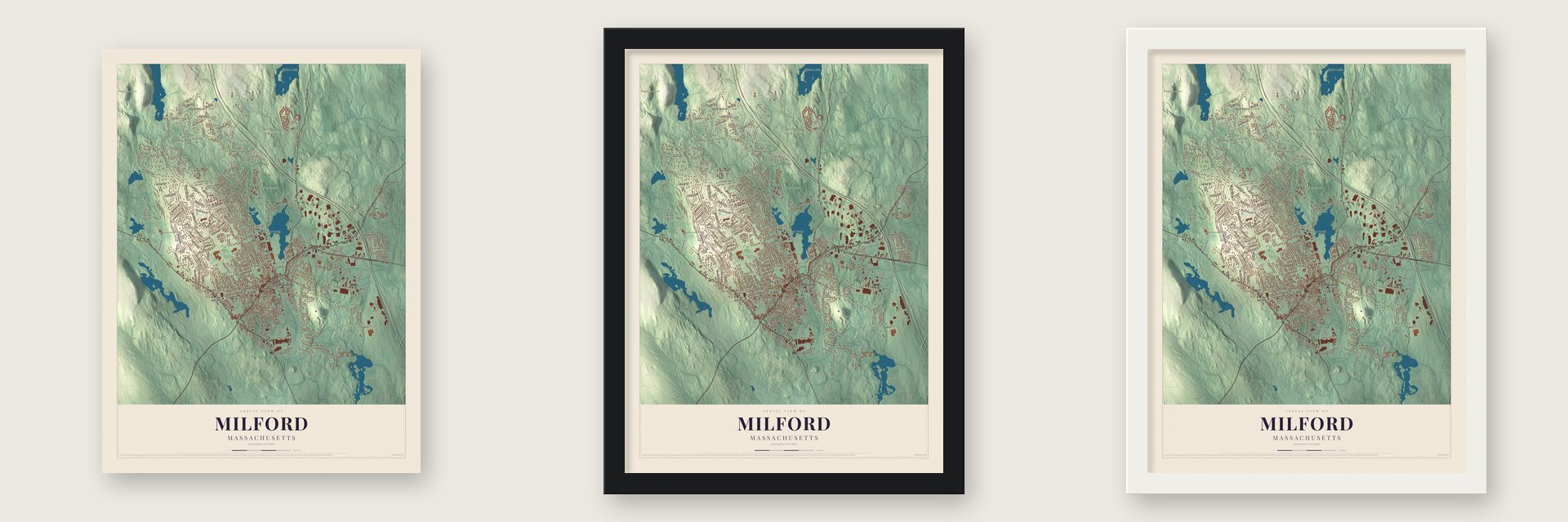 Milford, Massachusetts map unframed, in a black wood frame and in a white wood frame