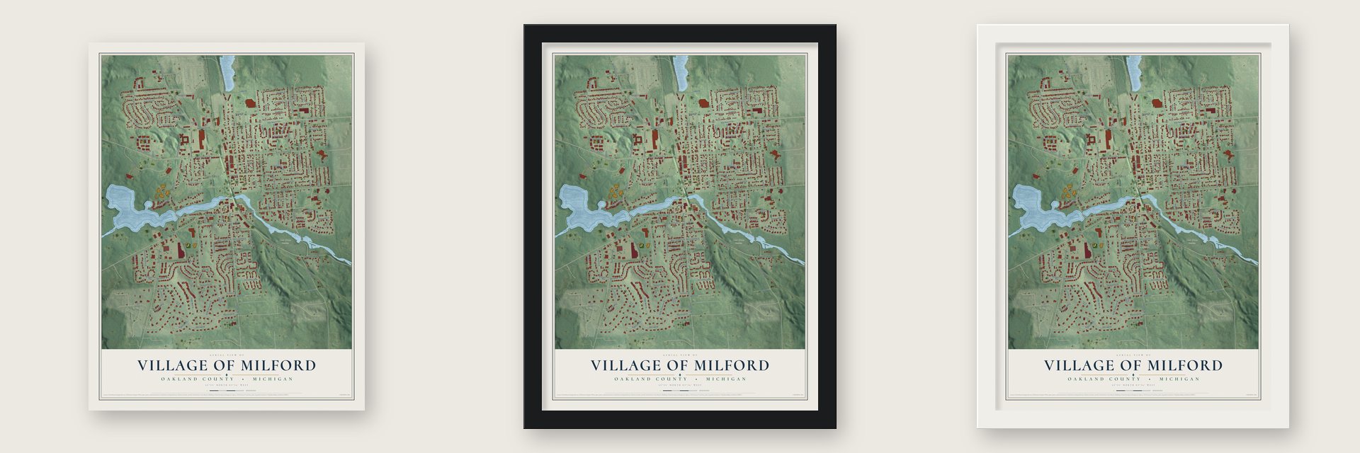 Milford, Michigan map unframed, in a black wood frame and in a white wood frame