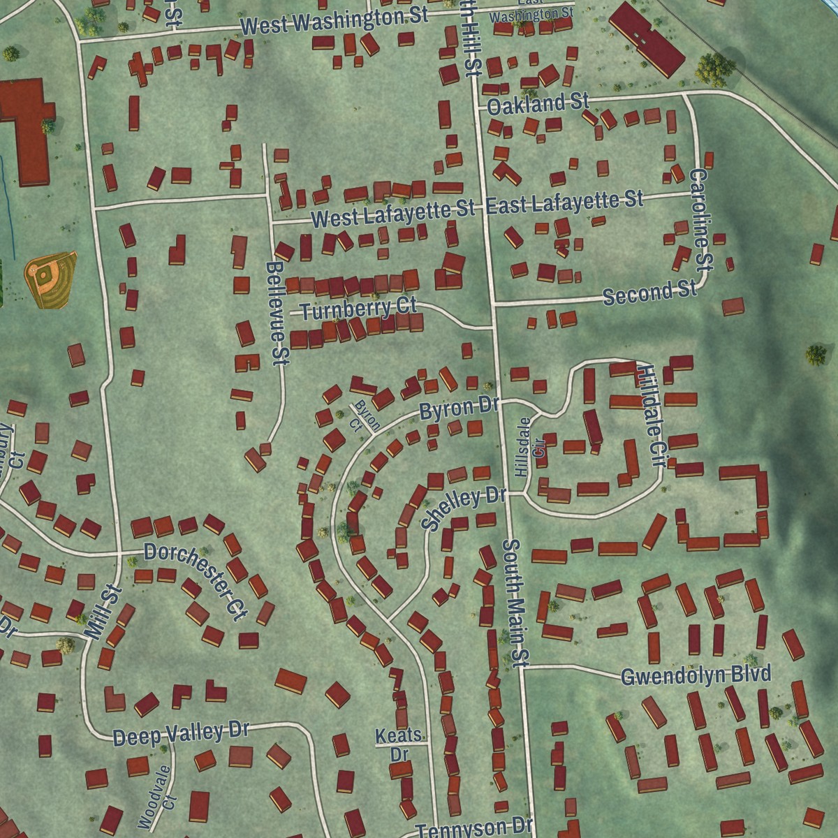 Second close-up of the map of Milford, Michigan print showing more streets and buildings