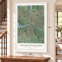Milford, Michigan map, 24 x 36 inch print in a white frame by a staircase