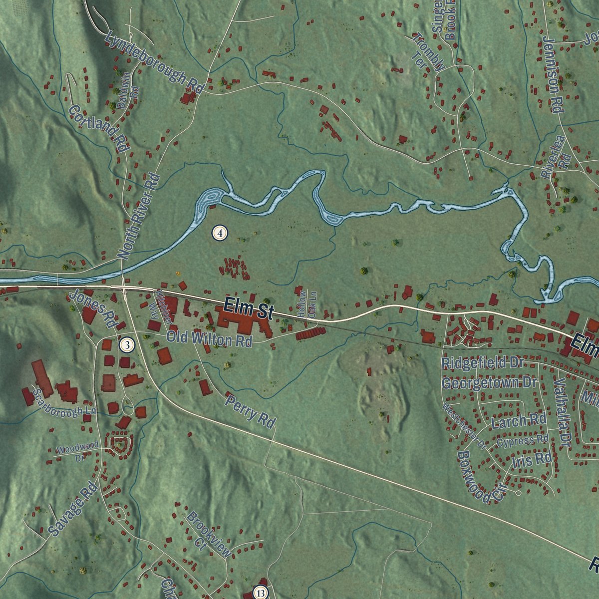 Second close-up of the map of Milford, New Hampshire print showing more streets and buildings