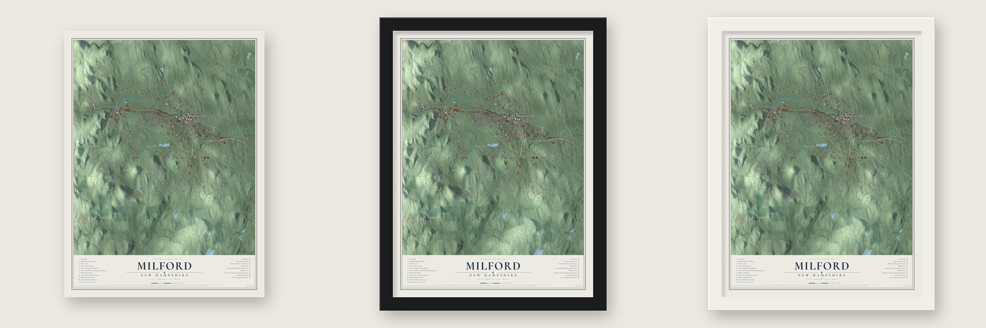 Milford, New Hampshire map unframed, in a black wood frame and in a white wood frame