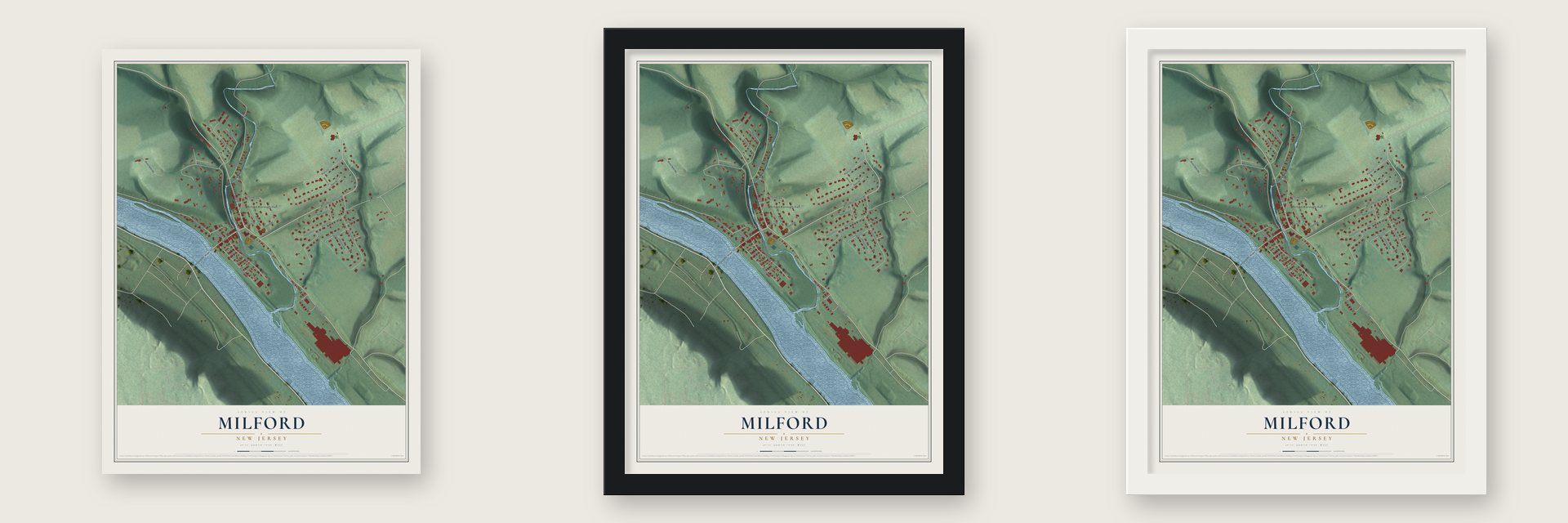 Milford, New Jersey map unframed, in a black wood frame and in a white wood frame