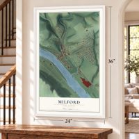 Milford, New Jersey map, 24 x 36 inch print in a white frame by a staircase