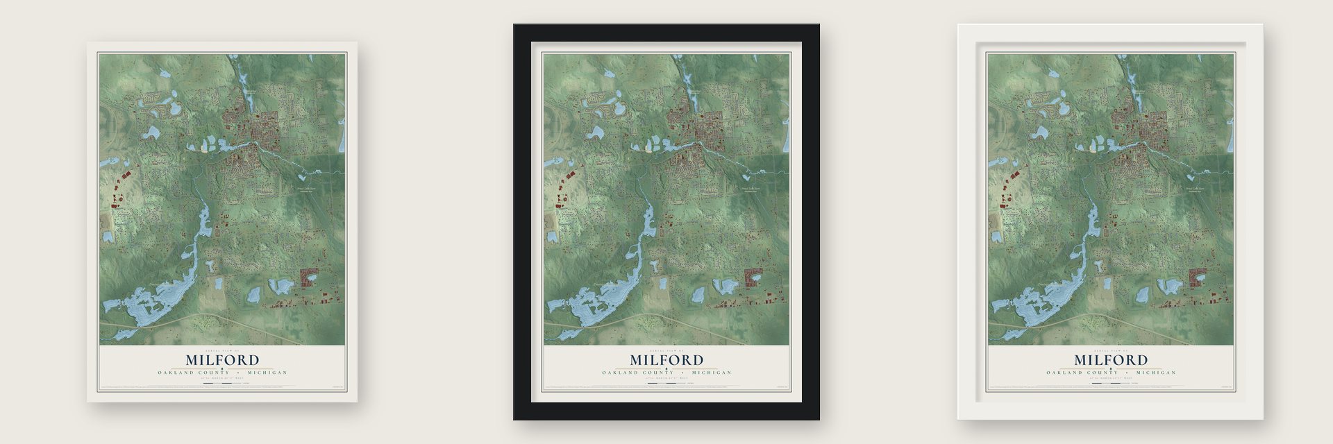 Milford, Oakland County, Michigan map unframed, in a black wood frame and in a white wood frame