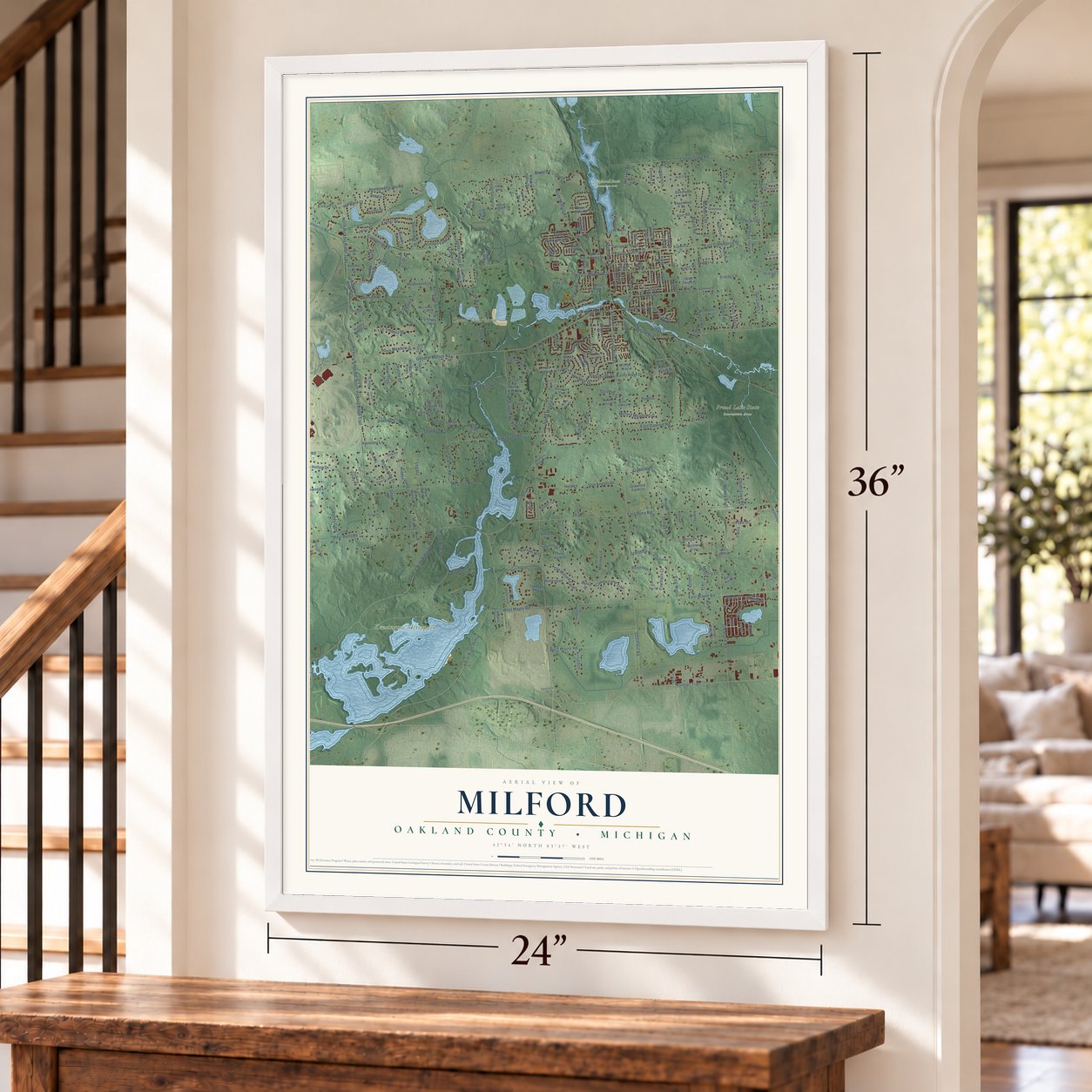 Milford, Oakland County, Michigan map, 24 x 36 inch print in a white frame by a staircase