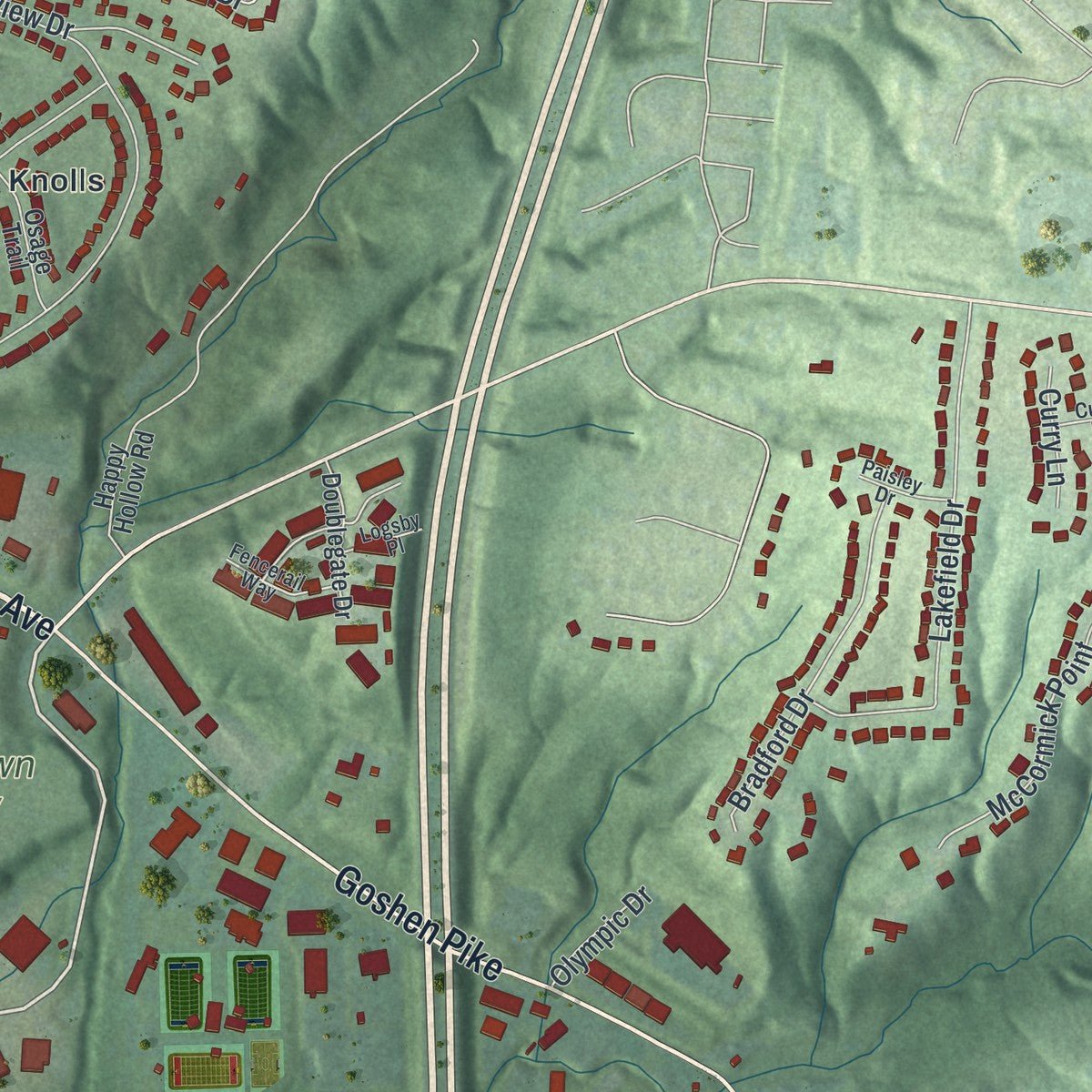 Second close-up of the map of Milford, Ohio print showing more streets and buildings