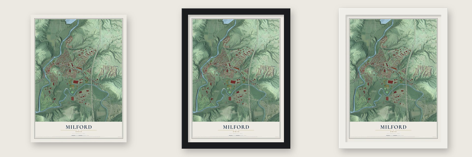 Milford, Ohio map unframed, in a black wood frame and in a white wood frame