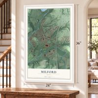 Milford, Ohio map, 24 x 36 inch print in a white frame by a staircase