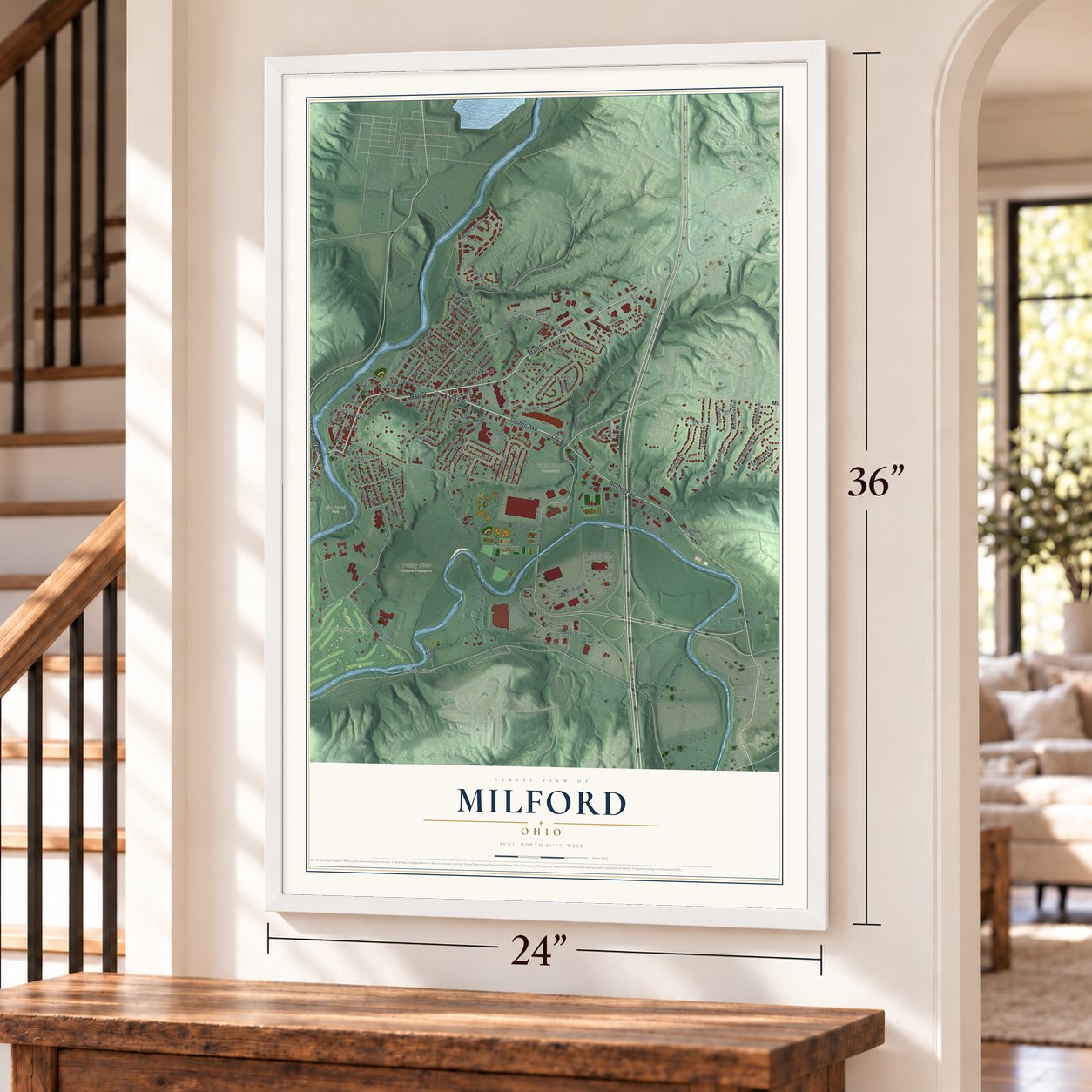 Milford, Ohio map, 24 x 36 inch print in a white frame by a staircase