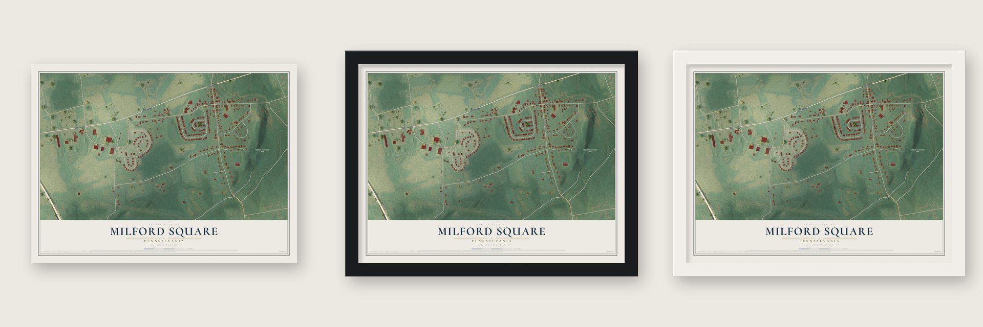 Milford Square, Pennsylvania map unframed, in a black wood frame and in a white wood frame