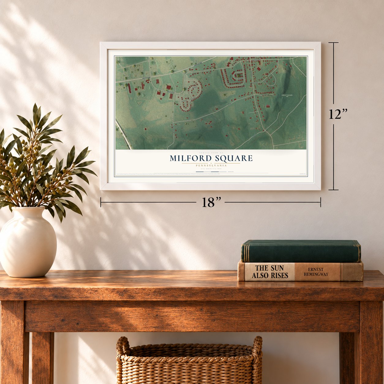 Milford Square, Pennsylvania map, 12 x 18 inch print in a white frame in an entryway