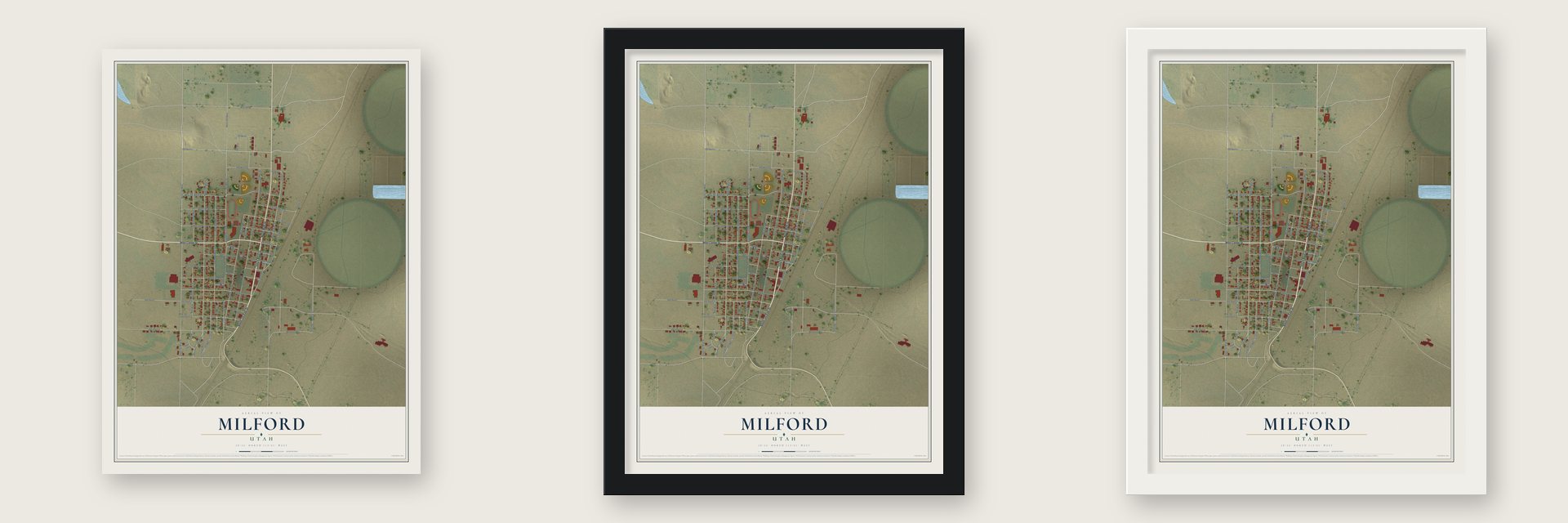 Milford, Utah map unframed, in a black wood frame and in a white wood frame