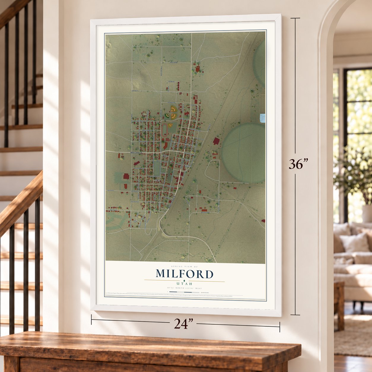 Milford, Utah map, 24 x 36 inch print in a white frame by a staircase