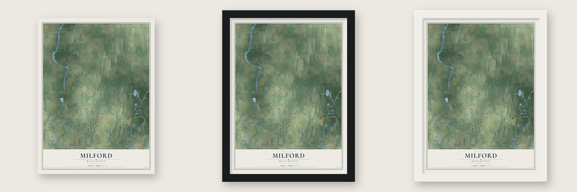 Milford, Wisconsin map unframed, in a black wood frame and in a white wood frame