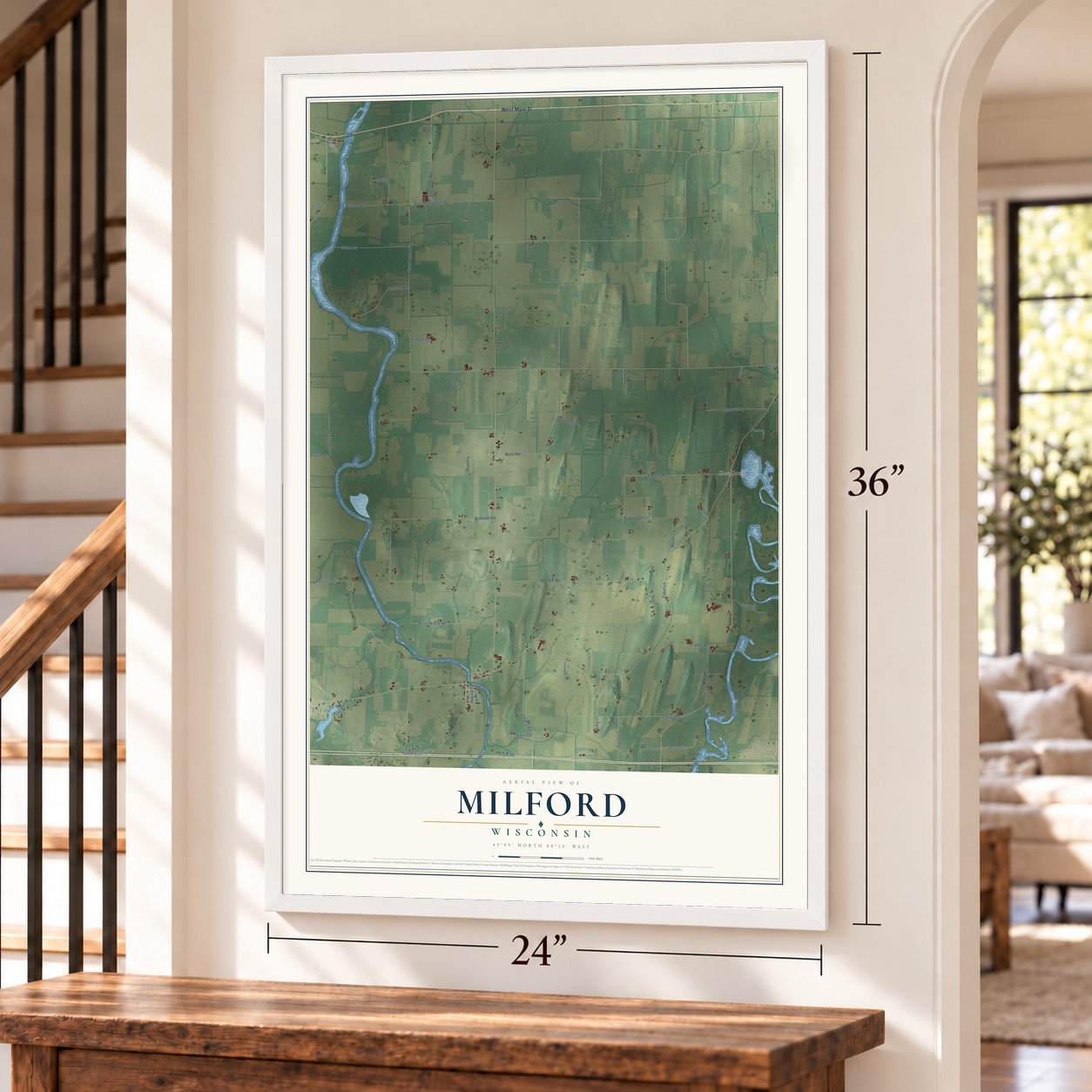 Milford, Wisconsin map, 24 x 36 inch print in a white frame by a staircase