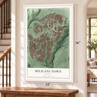 Mililani Town, Hawaii map, 24 x 36 inch print in a white frame by a staircase