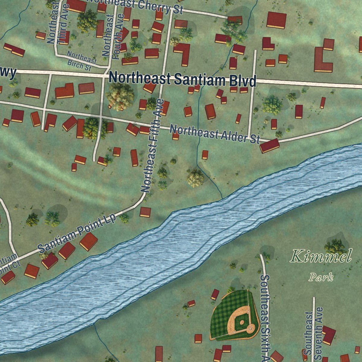 Second close-up of the map of Mill City, Oregon print showing more streets and buildings