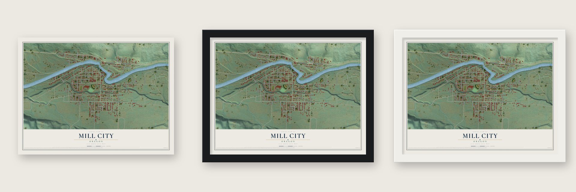 Mill City, Oregon map unframed, in a black wood frame and in a white wood frame