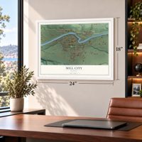 Mill City, Oregon map, 18 x 24 inch print in a white frame in a home office