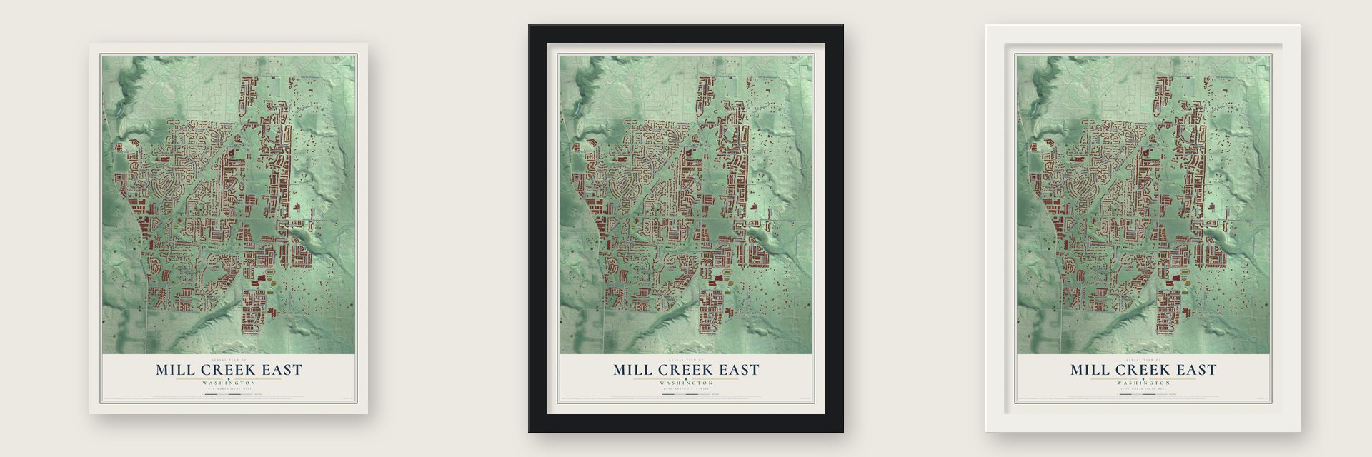 Mill Creek East, Washington map unframed, in a black wood frame and in a white wood frame