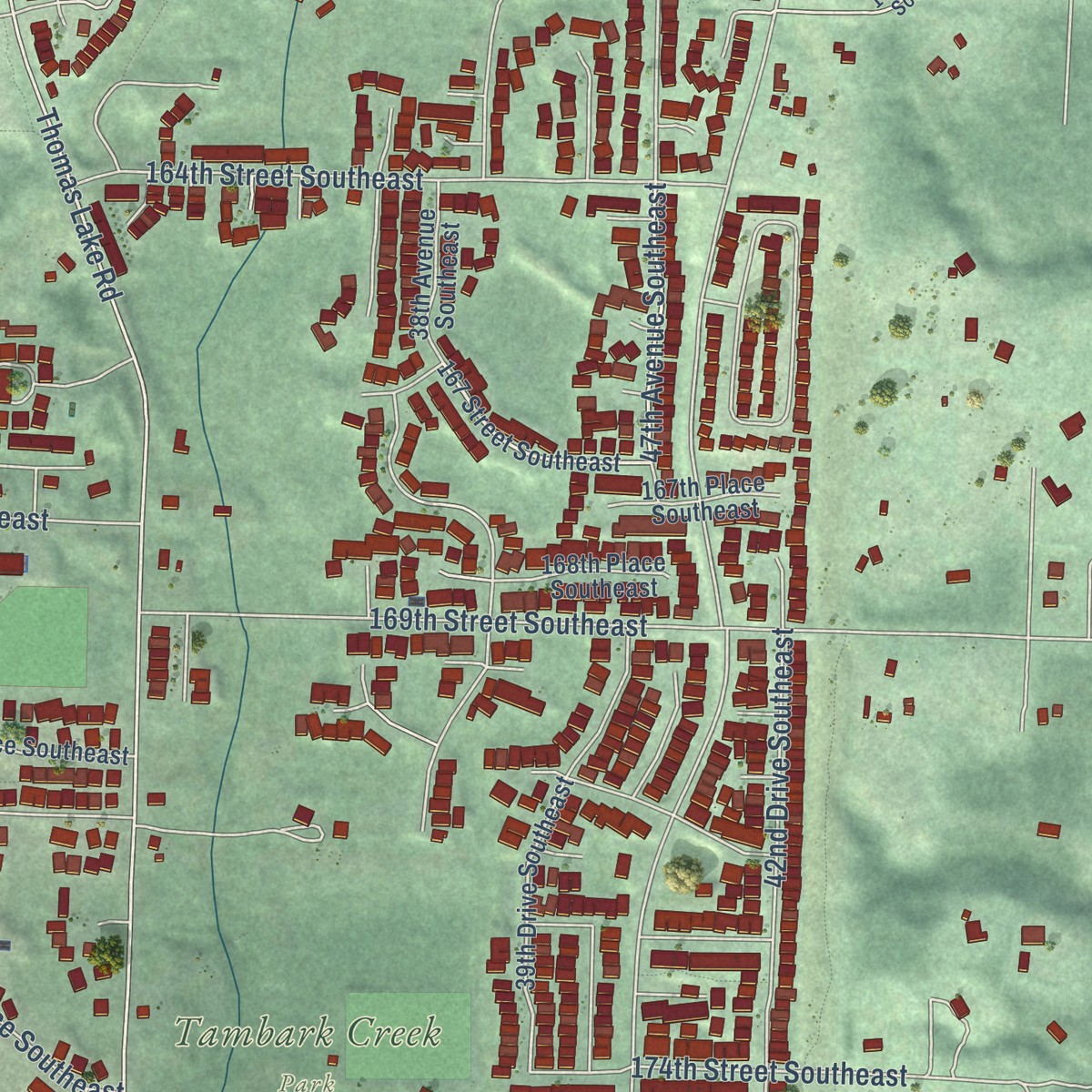 Second close-up of the map of Mill Creek East, Washington print showing more streets and buildings