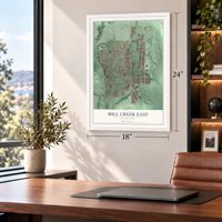 Mill Creek East, Washington map, 18 x 24 inch print in a white frame in a home office