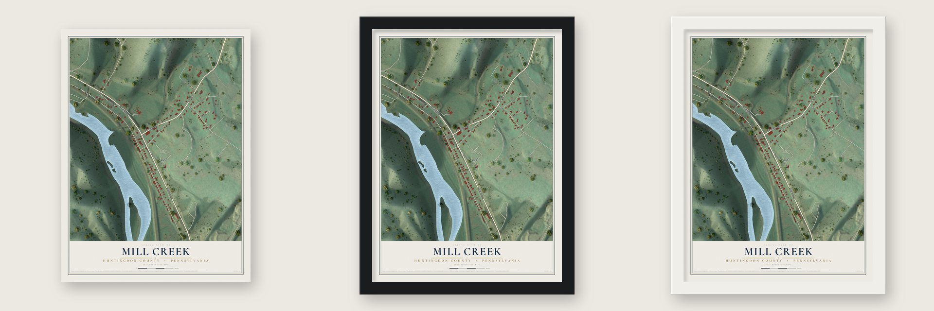 Mill Creek, Huntingdon County, Pennsylvania map unframed, in a black wood frame and in a white wood frame