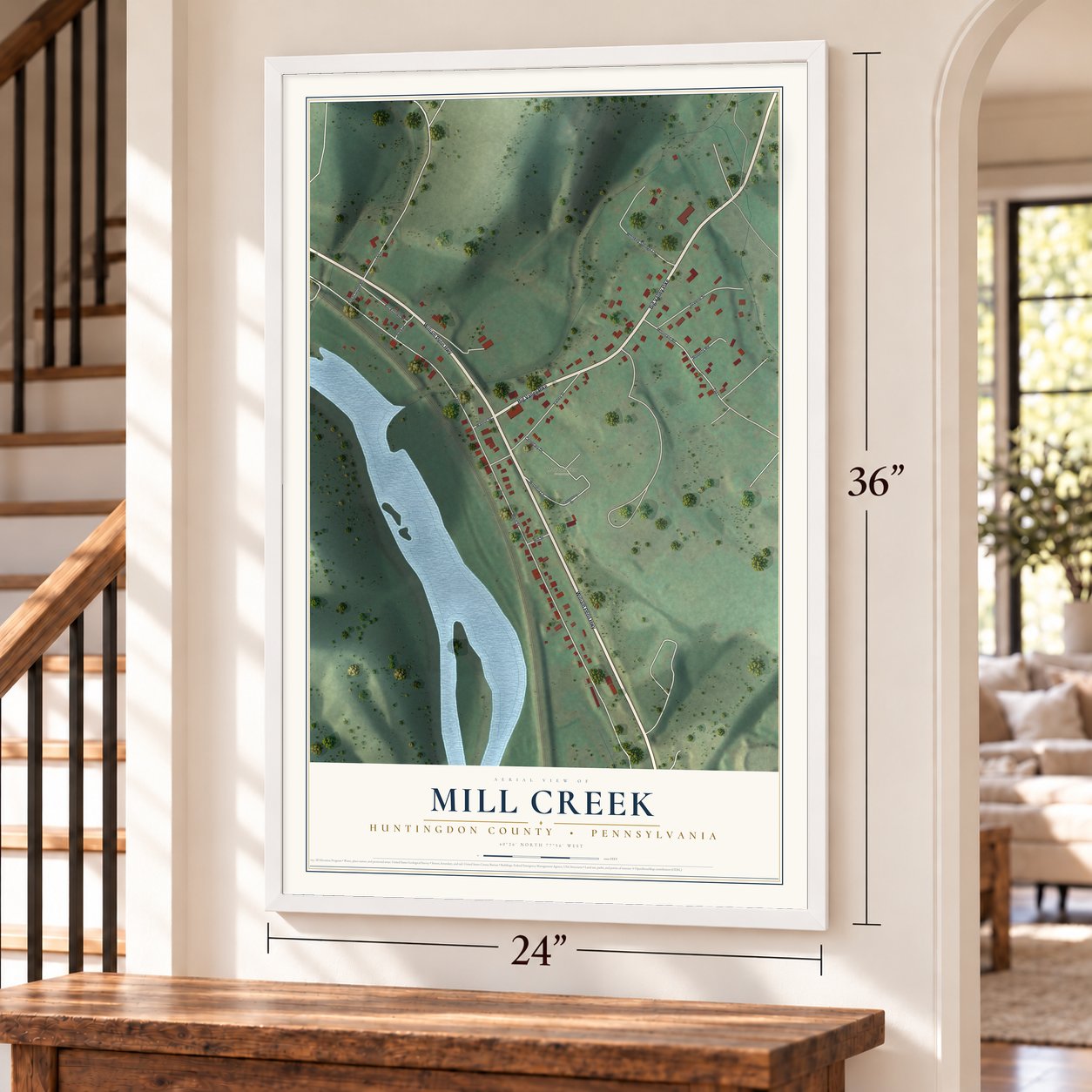 Mill Creek, Huntingdon County, Pennsylvania map, 24 x 36 inch print in a white frame by a staircase