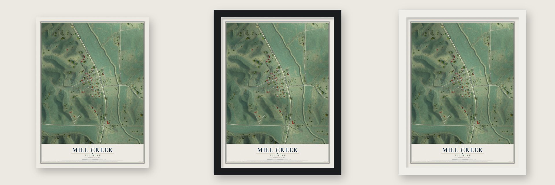 Mill Creek, Illinois map unframed, in a black wood frame and in a white wood frame