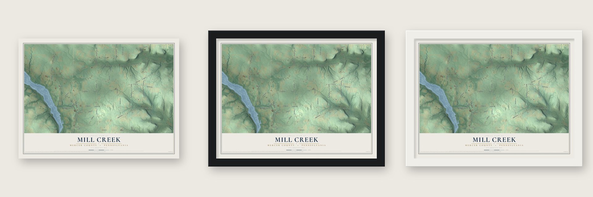 Mill Creek, Mercer County, Pennsylvania map unframed, in a black wood frame and in a white wood frame