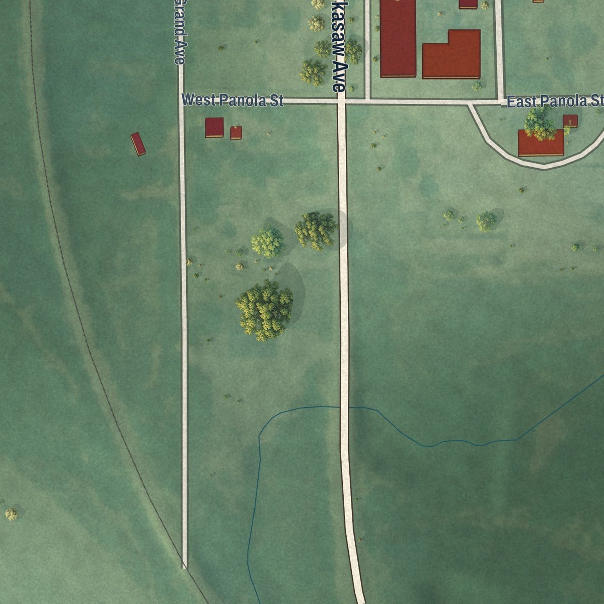 Second close-up of the map of Mill Creek, Oklahoma print showing more streets and buildings