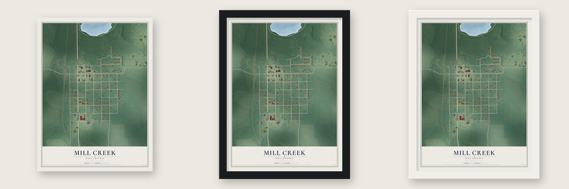 Mill Creek, Oklahoma map unframed, in a black wood frame and in a white wood frame