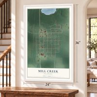 Mill Creek, Oklahoma map, 24 x 36 inch print in a white frame by a staircase