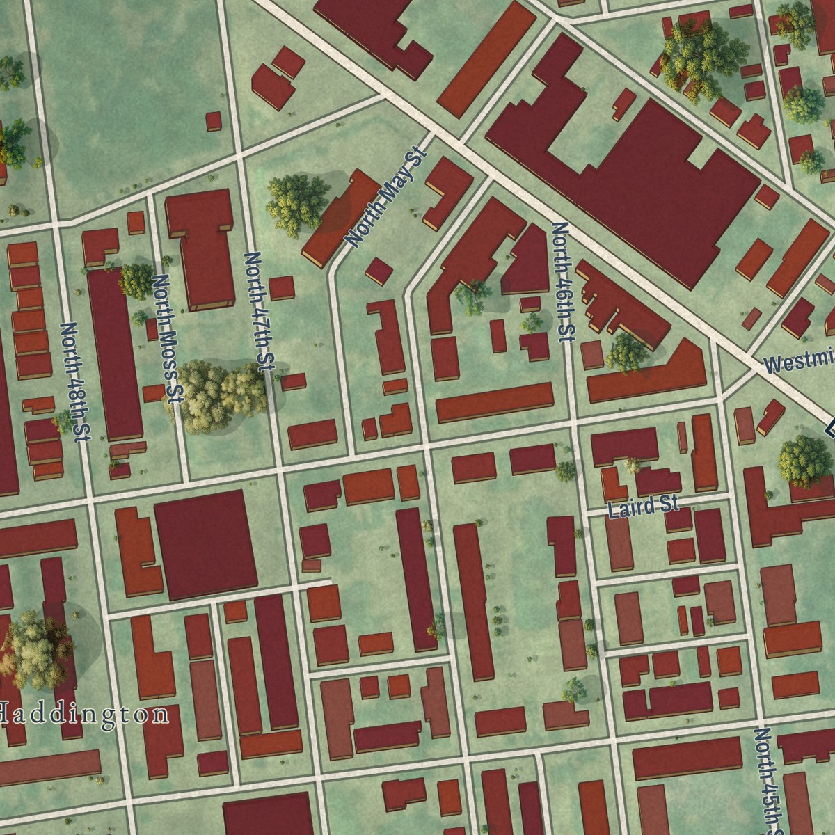 Second close-up of the map of Mill Creek, Philadelphia, Pennsylvania print showing more streets and buildings