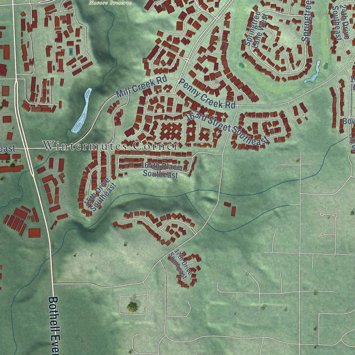 Second close-up of the map of Mill Creek, Washington print showing more streets and buildings