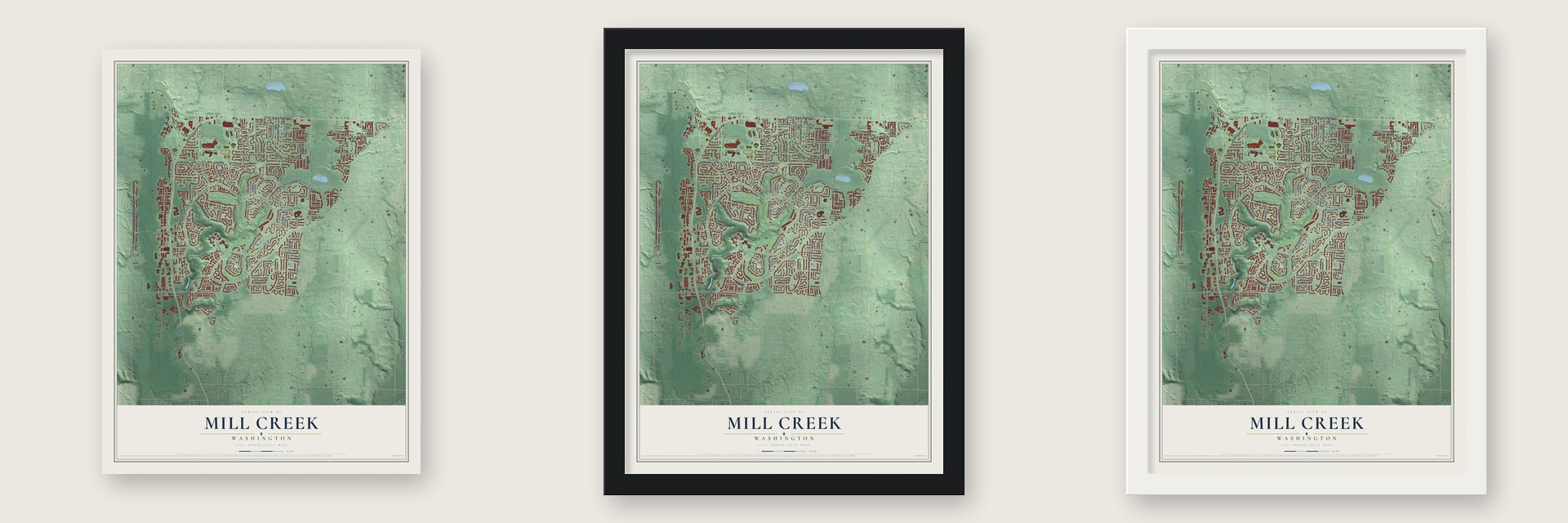 Mill Creek, Washington map unframed, in a black wood frame and in a white wood frame