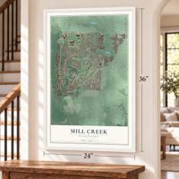 Mill Creek, Washington map, 24 x 36 inch print in a white frame by a staircase