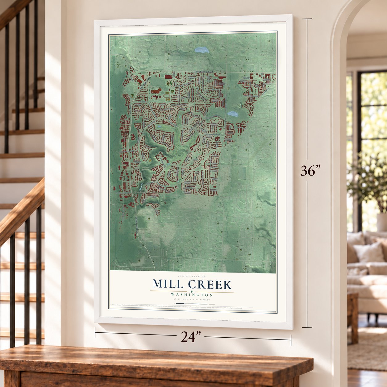 Mill Creek, Washington map, 24 x 36 inch print in a white frame by a staircase