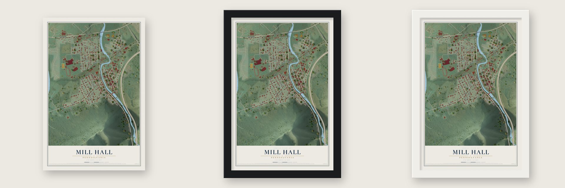 Mill Hall, Pennsylvania map unframed, in a black wood frame and in a white wood frame