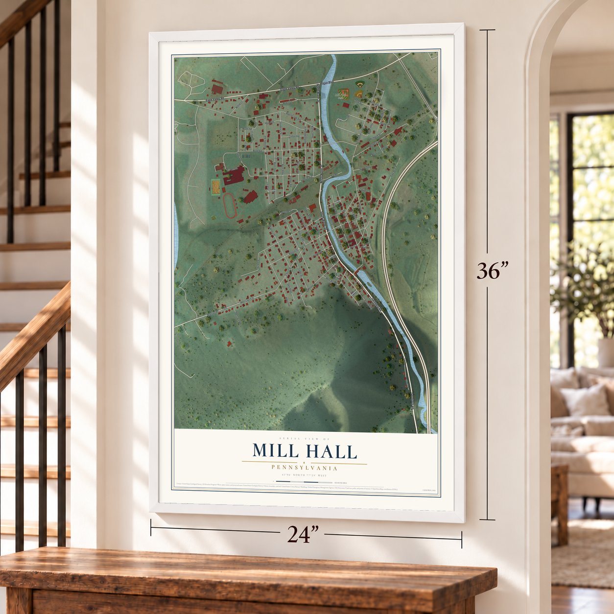 Mill Hall, Pennsylvania map, 24 x 36 inch print in a white frame by a staircase