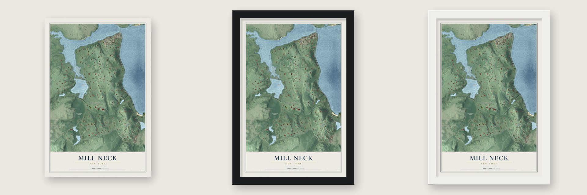 Mill Neck, New York map unframed, in a black wood frame and in a white wood frame
