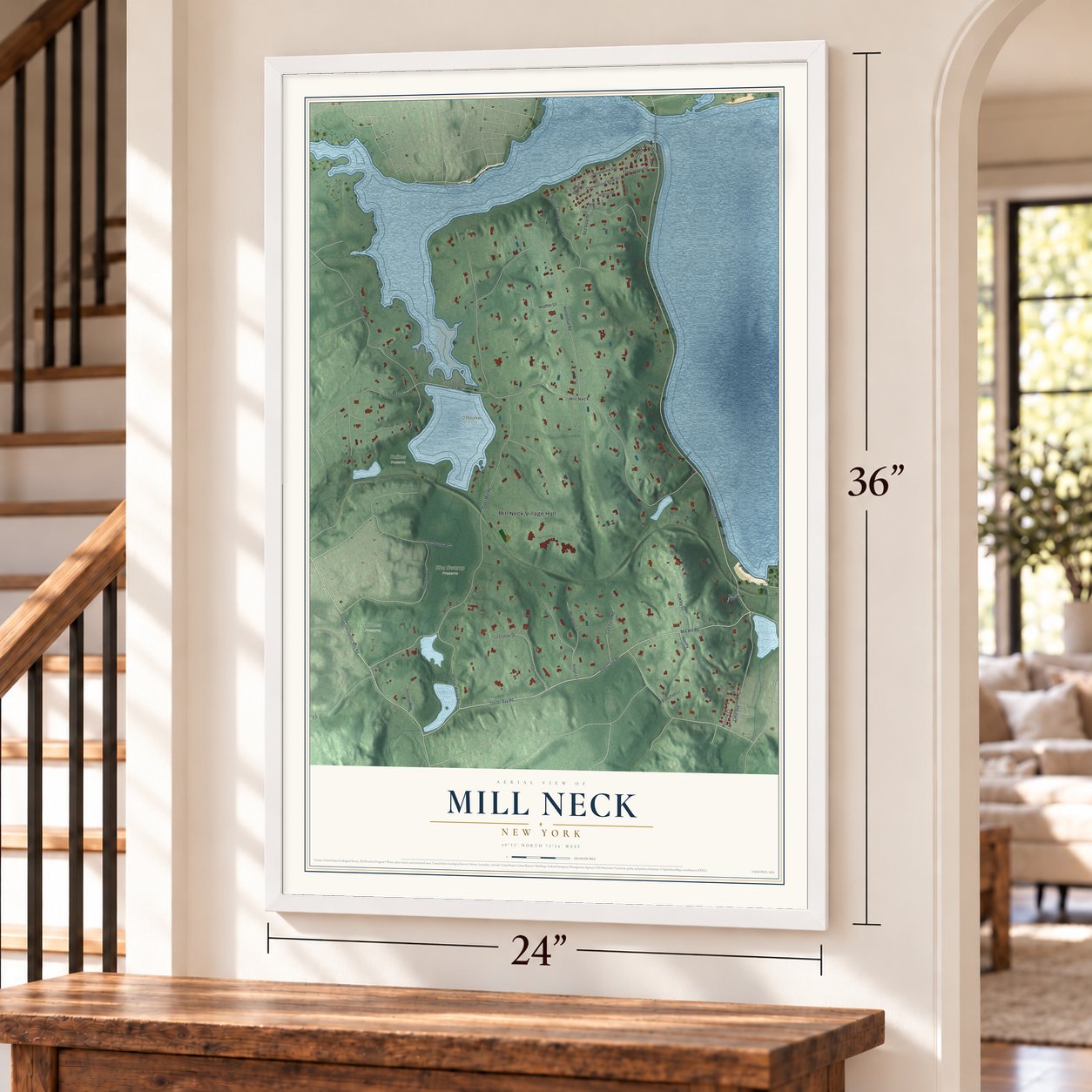 Mill Neck, New York map, 24 x 36 inch print in a white frame by a staircase