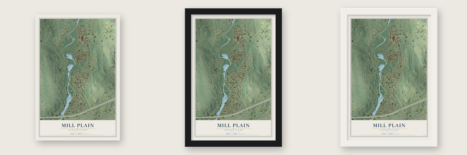 Mill Plain, Connecticut map unframed, in a black wood frame and in a white wood frame
