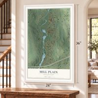 Mill Plain, Connecticut map, 24 x 36 inch print in a white frame by a staircase