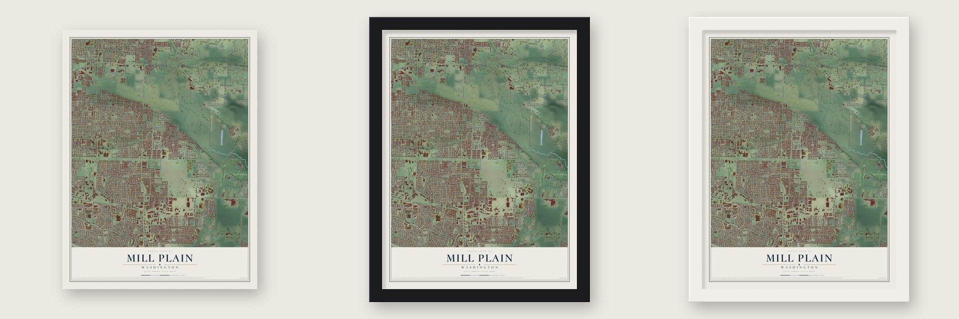 Mill Plain, Washington map unframed, in a black wood frame and in a white wood frame