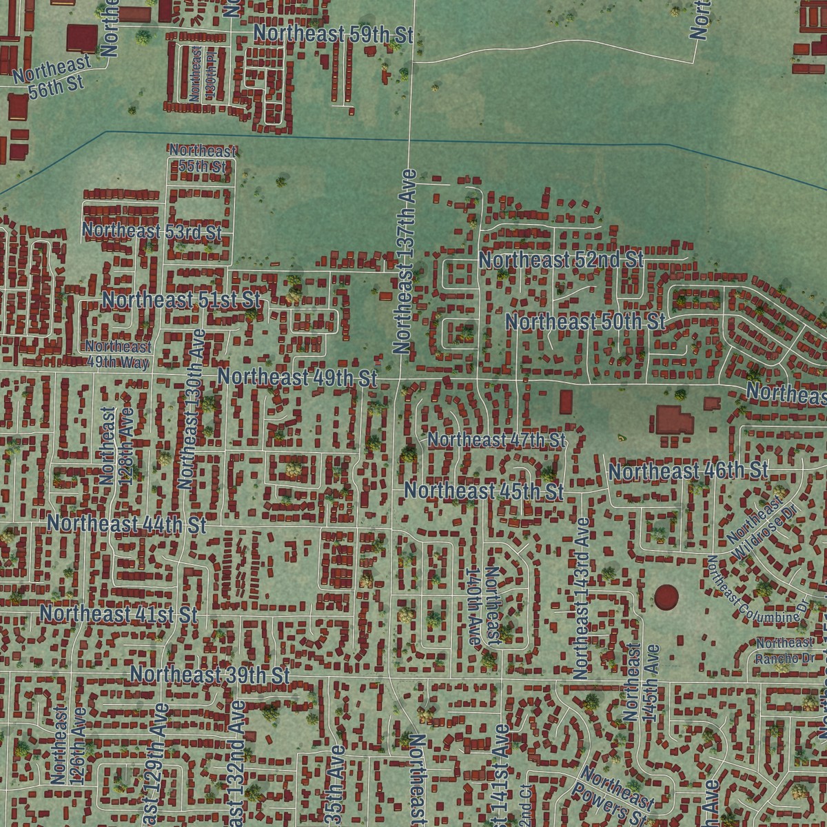 Second close-up of the map of Mill Plain, Washington print showing more streets and buildings
